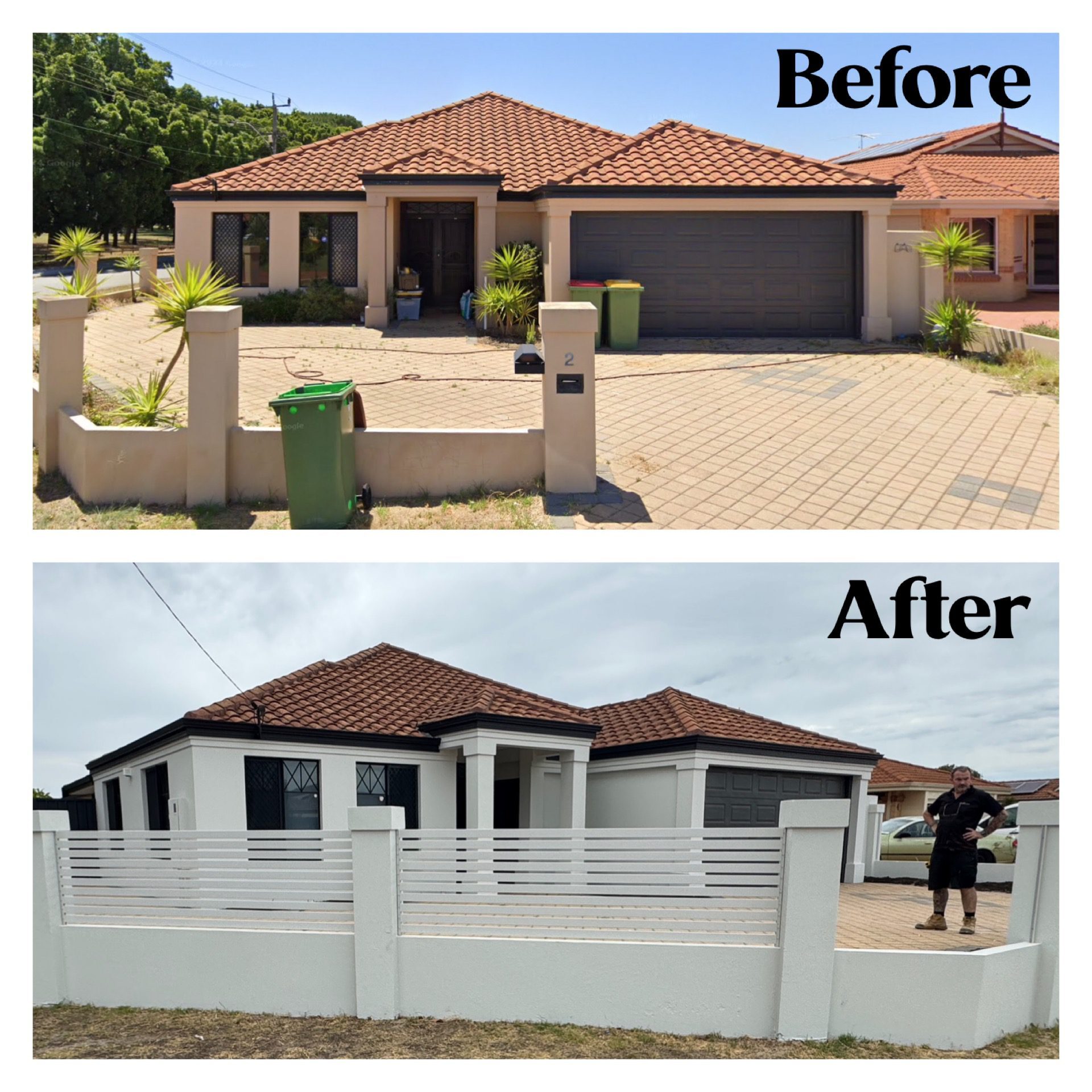 A before and after picture of a house with a fence.