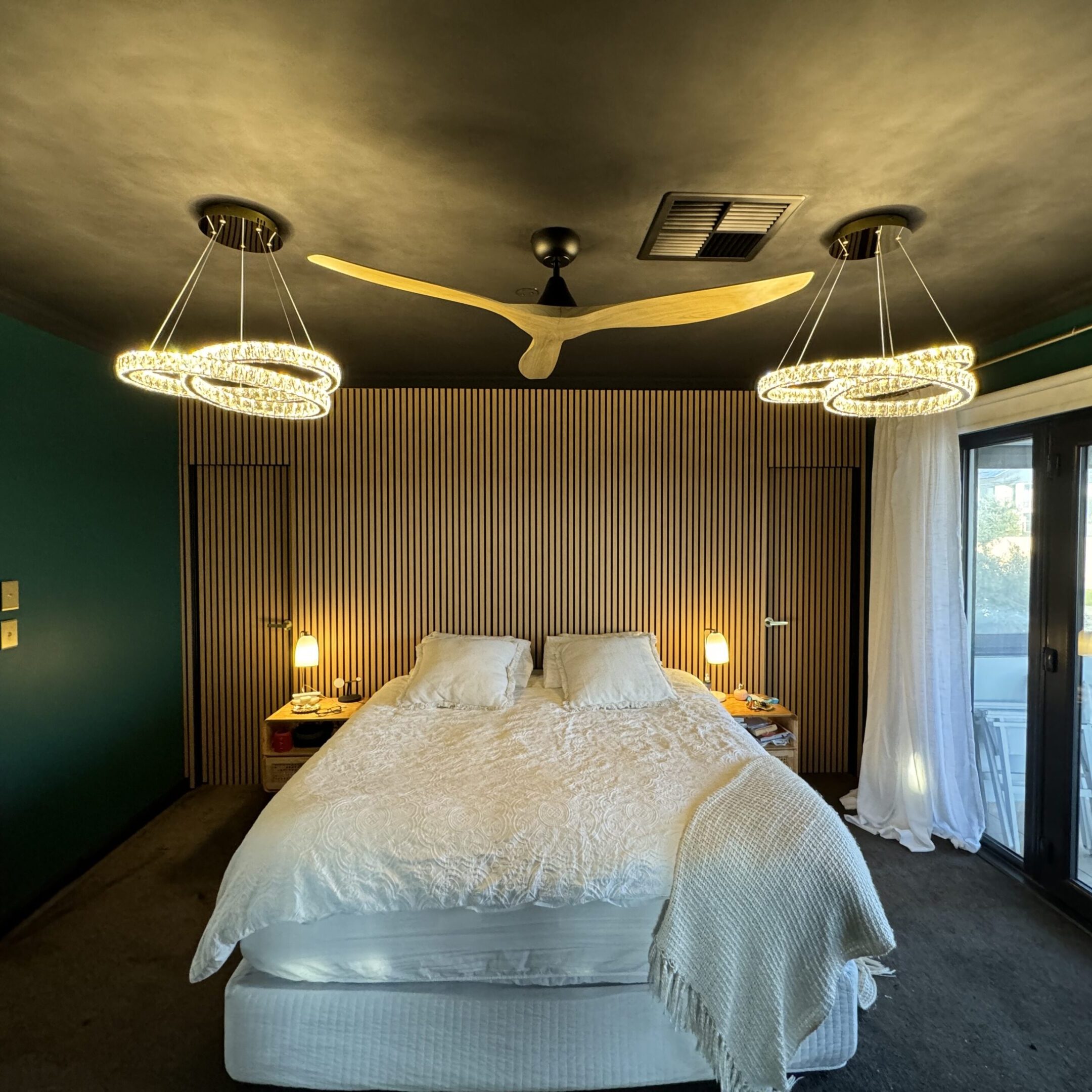 A bedroom with two lamps and a bed