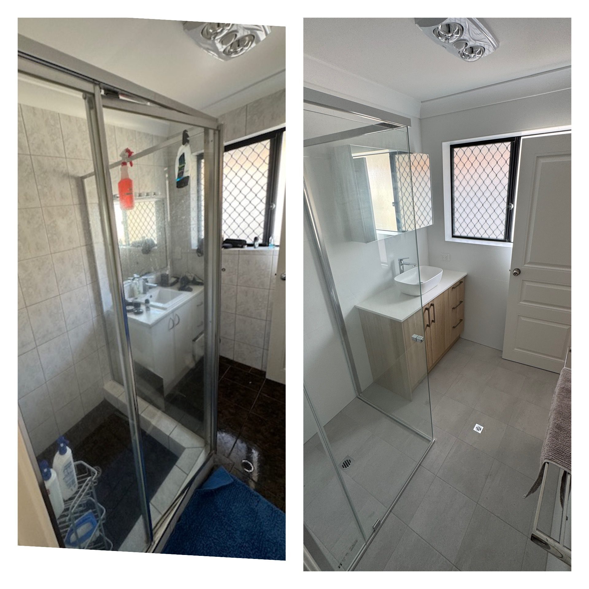 A before and after picture of the bathroom.